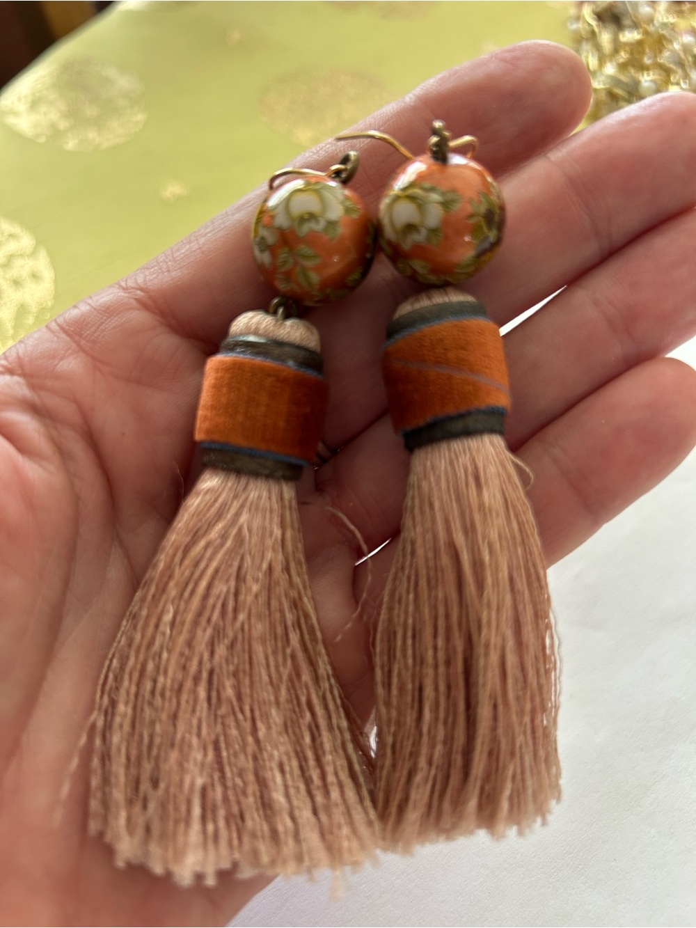 Handcrafted Orange Floral Bead and Blush Tassel Earrings